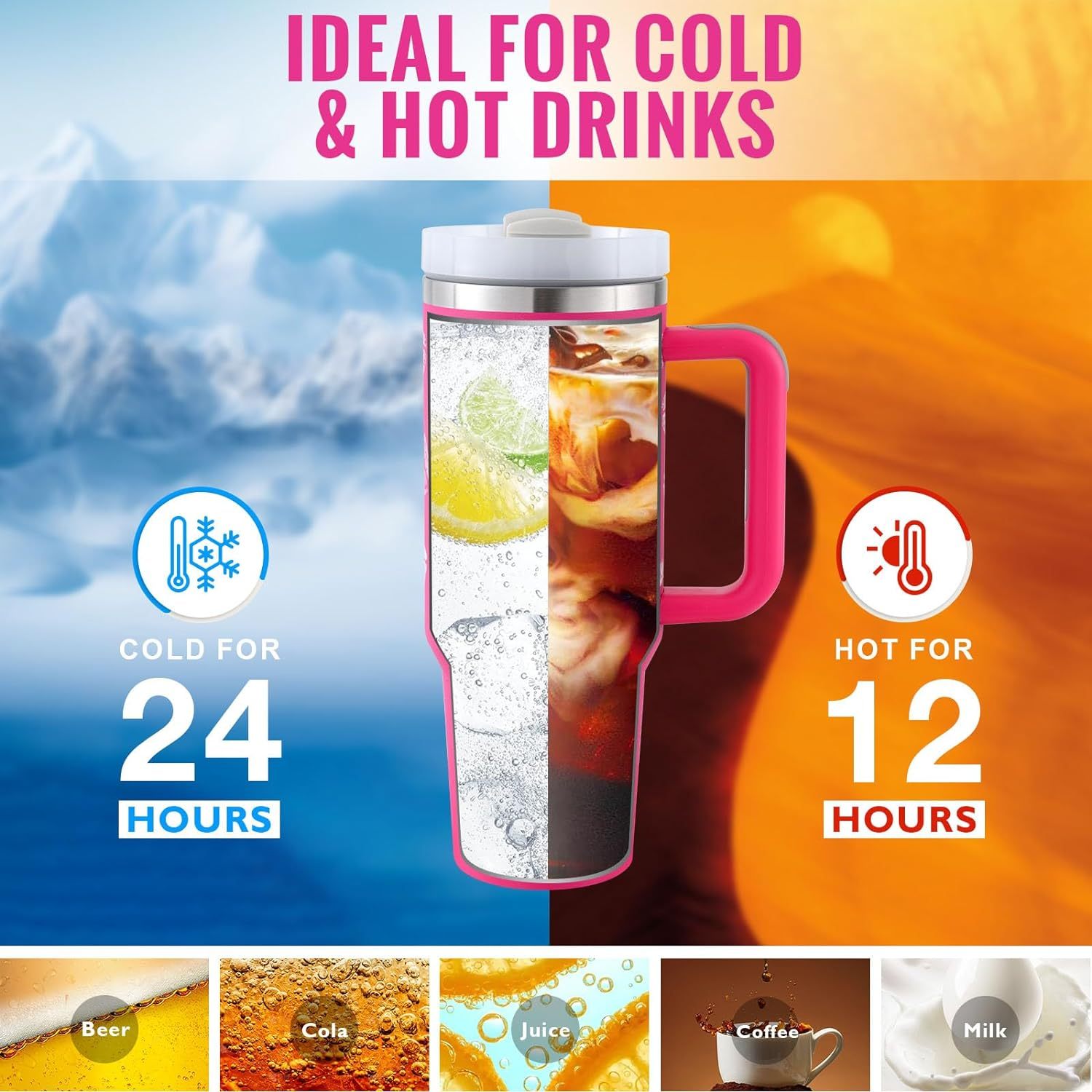 40-oz Spill-Proof Stainless Steel Tumbler with Handle & Straw — Keeps Drinks Hot or Cold